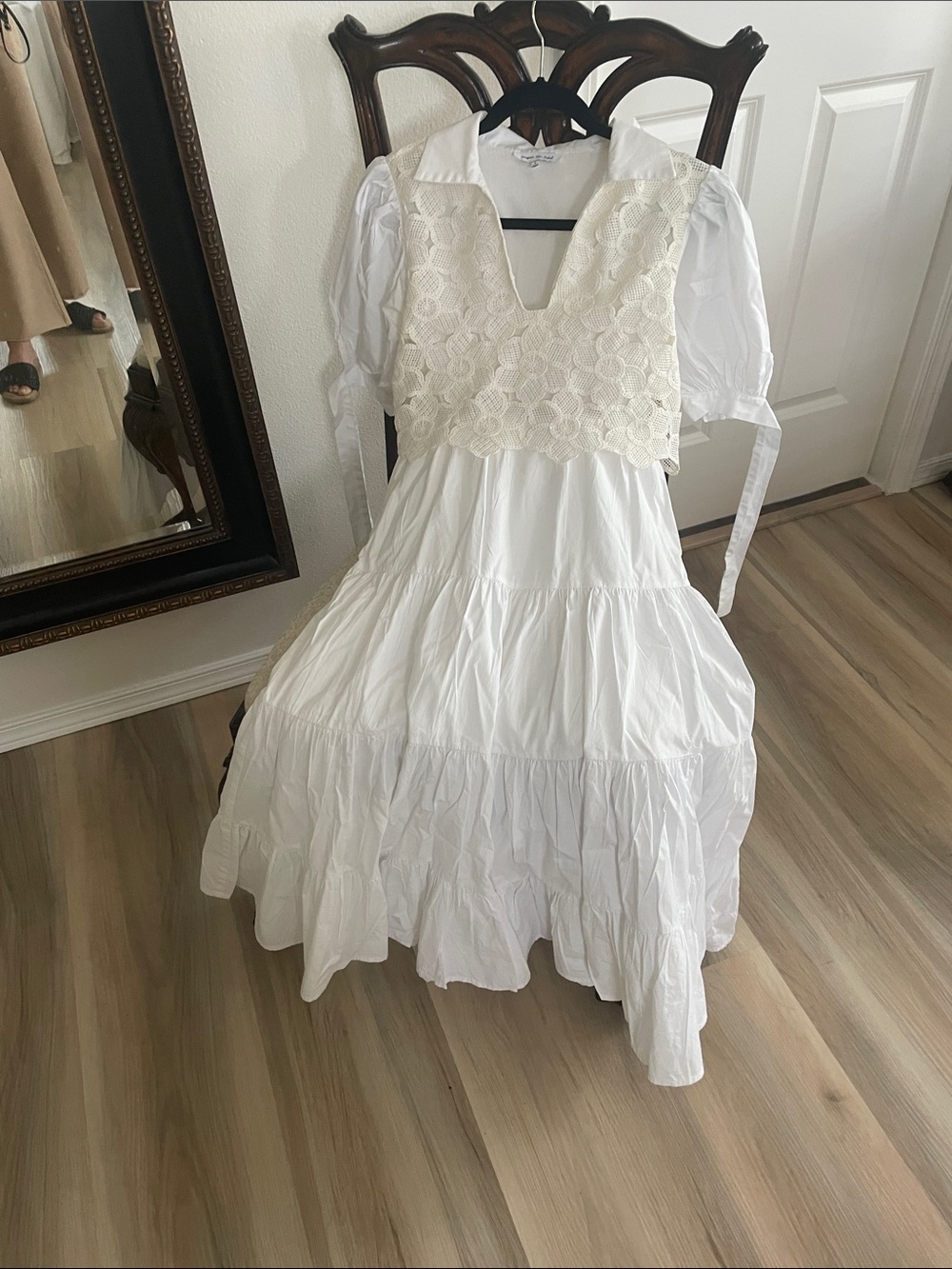 Jacqui E White Maxi Dress with Cream Lace Bodice and Puff Sleeves